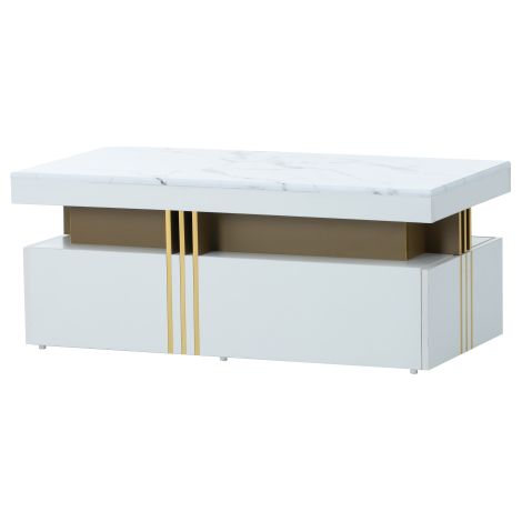 Soges Moderner rechteckiger Couchtisch mit PVC-Musterplatte und 2 Holzschubladen, Wohnzimmertisch, 1005040cm (1/5)