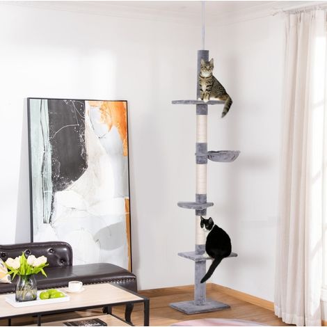 Arbre à chat en peluche et sisal gris, 5 niveaux pour griffer, se reposer et grimper, 40 x 34 x 230-260 cm (1/5)