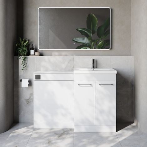 Napoli 390 Cento Gloss White 1200mm 2 Door Vanity Unit Toilet Suite with Glide Basin - 1200mm - Matt Black 160mm HandleWithout Kingston Toilet Pan