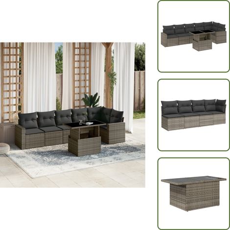 The Living Store Salon de jardin avec coussins 7 pcs gris résine tressée - Ensemble Salon De Jardin - Meuble Extérieur - Résine Tressée - Rotin Synthétique - Table Extensible (1/5)