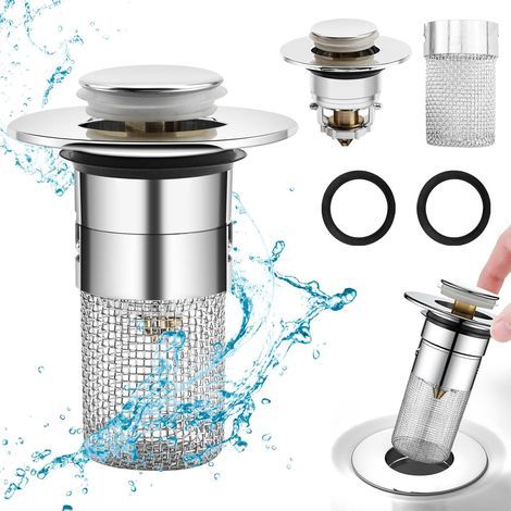 Bouchon de lavabo pop-up avec tamis - Avec tamis - Avec filtre à cheveux - Universel - Pop Up - En acier inoxydable - Avec tamis pour bonde de 34 à 40 mm (1/5)