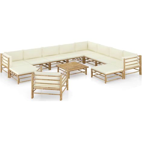 Salon de jardin 12 pcs Ensemble Table et Chaise de Jardin - avec coussins blanc crème Bambou BV391296 - BonneVie (1/5)