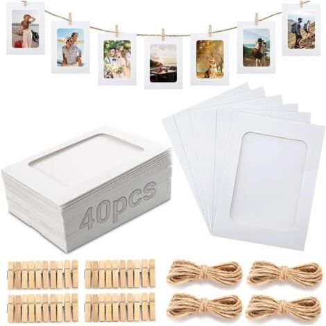 40 Pièces Cadre Photo en Carton, 10x15 cm Cadre Photo en Papier avec 40 Pièces Clips et 4 Cordon en Jute, Guirlande Photo pour Famille Amis Fête Anniversaire Mariage Noel Décoration de Murale DIY (1/5)