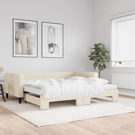 Tagesbett Ausziehbar mit Matratzen Creme 100x200 cm Stoff