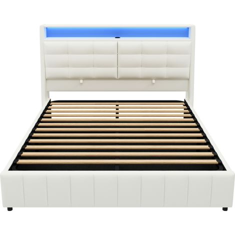 Gepolstertes Plattformbett 160x200 cm mit LED, USB und Bettkasten, weiß MODENUIT (1/5)