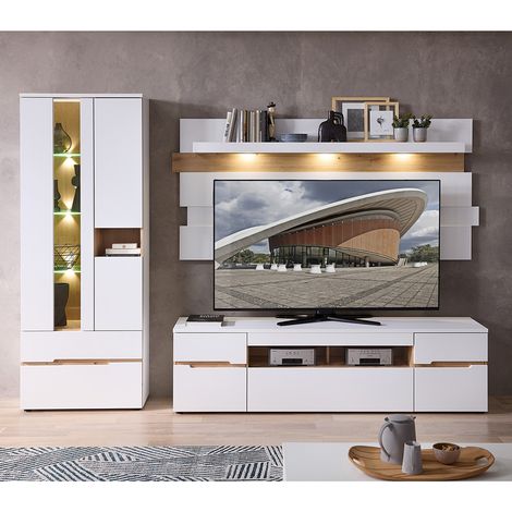 Wohnwand in weiß supermatt und Eiche mit Vitrine, Wandboard, Lowboard & LED-Beleuchtung, 3-teilig - MANRESA-36 (1/5)