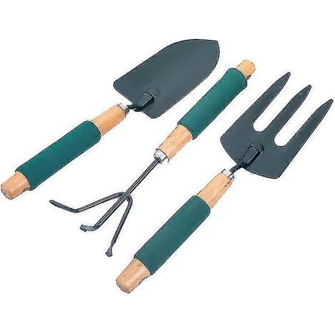 Ensemble de 3 mini-outils de jardin, comprenant une truelle, un râteau et un manche en mousse (1 ensemble - vert). (1/5)
