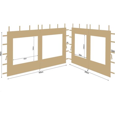2 Seitenteile aus Polyester mit klarsicht Fenster 300/400x195cm für Pavillon 3x4m Seitenwand Beige RAL 1001 wasserdicht