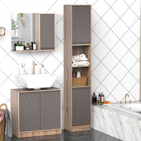 Meuble de salle de bain gain de place en bois. Meuble vasque avec 2 placards et étagères réglables. Design colonne. 30 x 24 x 170 cm. Gris et chêne. (1/5)