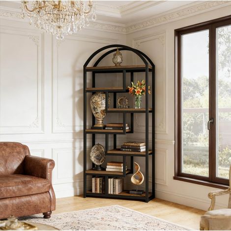 Librería de 7 estantes de MDF y metal, 80 x 30 x 180 cm, negro y marrón rústico DESVIAE (1/5)