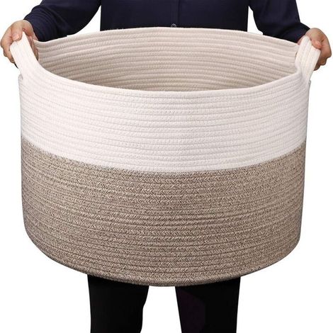 Corbeille à linge Panier Rangement D55XH35cm pour Salon Gris Blanc Panier Rond Jute (1/5)