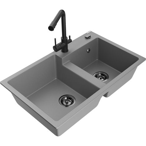 Mexen Tomas granitspüle 2-becken mit küchenarmatur Duero, grau - 6516-71-671600-70-B (1/5)