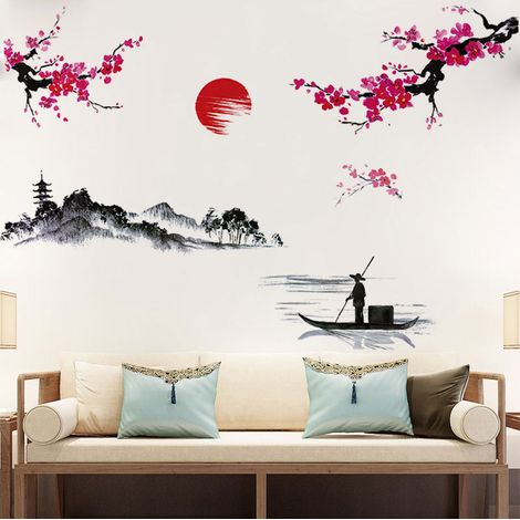 Style chinois Sakura japonais rose fleur de cerisier arbre Decor Wall Sticker Decor25x70cm (1/4)