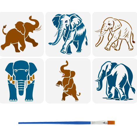 6Pcs Pochoirs D'Éléphant pour la Peinture Au Pinceau 20x20cm Pochoir de Silhouette D'Eléphant Réutilisable Pochoir à Motifs D'Éléphants Creusés Pochoirs en Plastique à Thème Animalier (1/5)