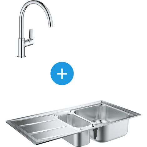 K400 Kit évier acier inoxydable avec égouttoir réversible et vide-sauce + Mitigeur monocommande col de cygne (31567SD0-SET)