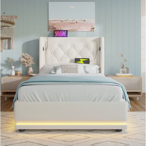 Letto singolo imbottito 90x200 cm moderno in PU bianco, contenitore idraulico, testiera con USB e Tipo-C, LED 3 lati, con materasso (1/5)