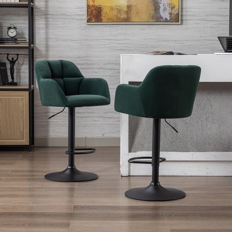 Wahson Set of 2 Velvet Bar Stools with Arm, Modern Height Adjustable Swivel Breakfast Stools for Kitchen, Home Bar & Restaurant, Green