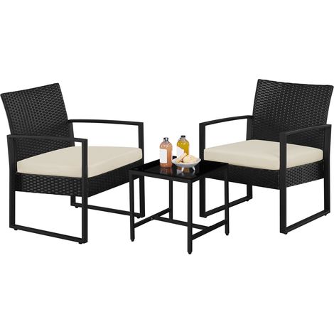 Yaheetech Set Mobili da Giardino in Poly Rattan 2 Sedie e Tavolino da Balcone con Cuscini Esterno Interno Nero/Beige