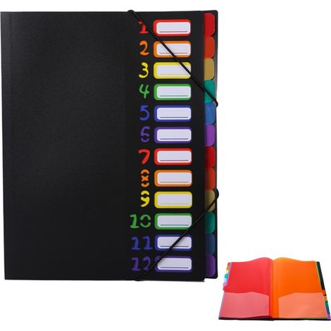 Range Document Bureau A4, Classeur Extensible à 24 Pochettes Colorées, Plastique Trieur Accordéon, Document Organiseur Rangement Papier Administratif avec Élastique pour L'école et Bureau (Noir) (1/5)
