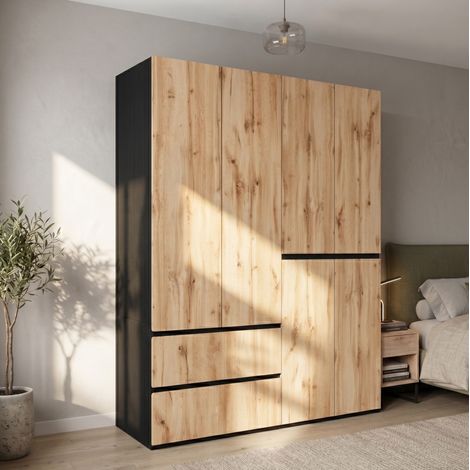 MODFU – Armoire 180x50x200 cm MDF/panneaux particules – 2 penderies et 5 tiroirs – 6 portes et 30/20 kg – Chambre – Chêne/noir (1/5)