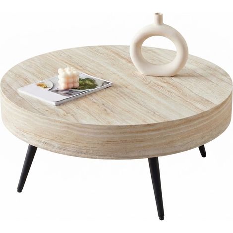 ELVMI Table Basse Ronde avec Pieds Réglables Antidérapants, en MDF et Métal, Noir et Travertin Clair, 70×35.5 cm (1/5)