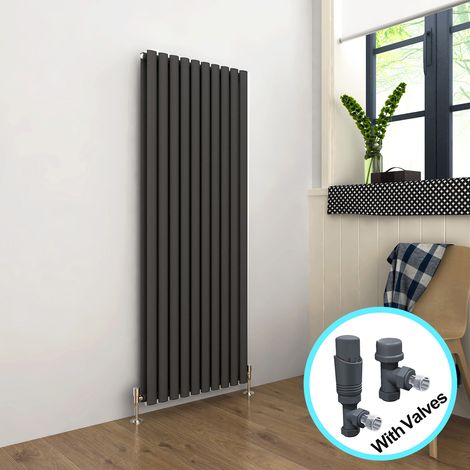 ELEGANT Vertical Radiator 1600 x 590mm Double Panel Designer Anthracite Oval Column Heating Rad with Thermostatic Radiator Valves (1/5)