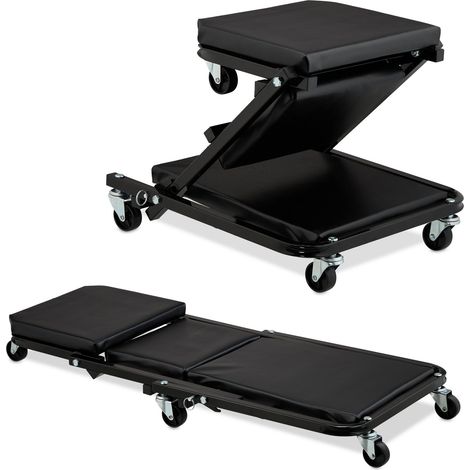 Relaxdays Rollbrett Werkstatt bis 150 kg, 2in1 Rollsitz & Werkstattliege klappbar, 360° drehbar, f. Auto, Stahl, schwarz