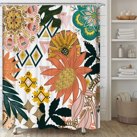 Rideau de douche bohème fleurs et feuilles 180 x 200 cm, tissu imperméable pour salle de bain, décoration ethnique (1/5)