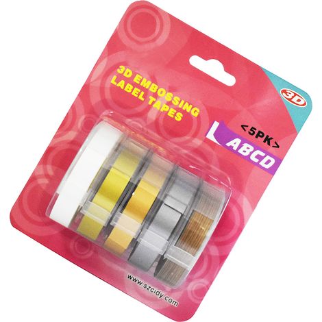 Lot de 5 recharges pour étiqueteuses DYMO 12813/12814/1610/1540/1535/1575/17266 (9 mm x 300 cm/rouleau). Ruban d'étiquettes à gaufrage manuel. (1/4)