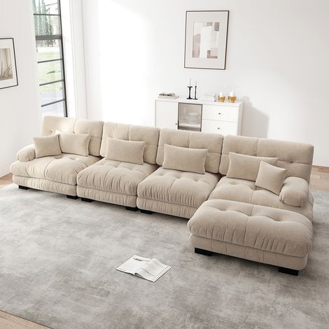 Canapé d'angle modulable, quatre places, avec repose-pieds amovible, tissu chenille- Beige (1/5)