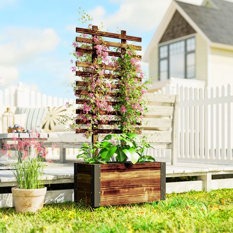 Jardinière avec treillis bac à fleurs avec film géotextile et roulettes 65 x 31 x 147 cm bois sapin pré-huilé