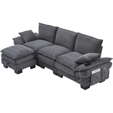 Modulares 3-Sitzer-Sofa aus Cord mit Hocker, USB-C und Seitentaschen, Dunkelgrau (1/5)