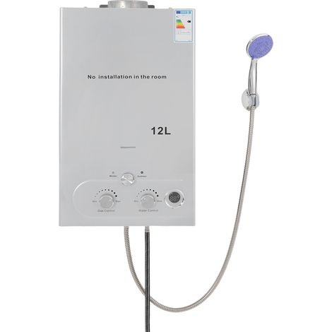 Calentador de agua instantáneo, 12 litros, 24 kW, calentador de agua instantáneo de GLP con cabezal de ducha, ideal para ducharse en el camping y en autocaravanas, color plateado