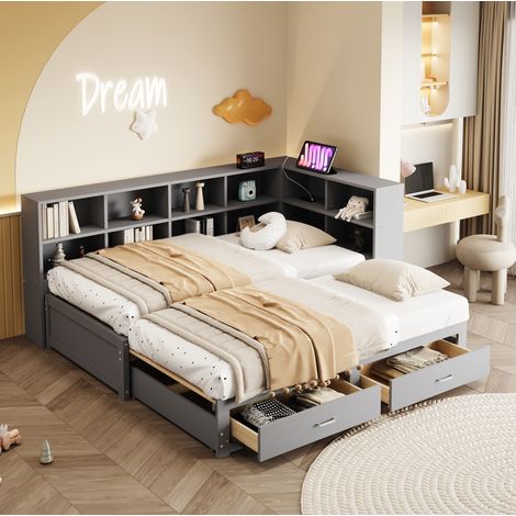 MEUBLIV Lit 90x190 cm gris – avec lit gigogne, rangements et prise, sans matelas (1/5)