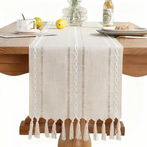 Tischläufer aus Leinen und Baumwolle Weißer Tischläufer im Landhausstil 90 cm lang Geeignet für Esszimmer Feiertage und den täglichen Gebrauch E 33 (1/5)