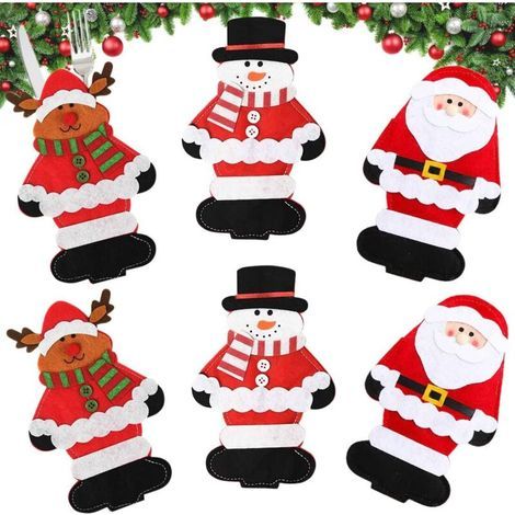 6 Porte Couverts De Noël, Bonhomme De Neige, Renne, Père Noël, Mignons Pochettes Sacs Pour Couteaux Et Fourchettes, Decoration Table Pour Maison Repas Christmas (1/5)