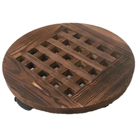 Plateau de pot de fleur rond en bois carbonisé de 40 cm de diamètre, support de fleur mobile avec base de pot de fleur à roulettes, 2 pièces (1/5)