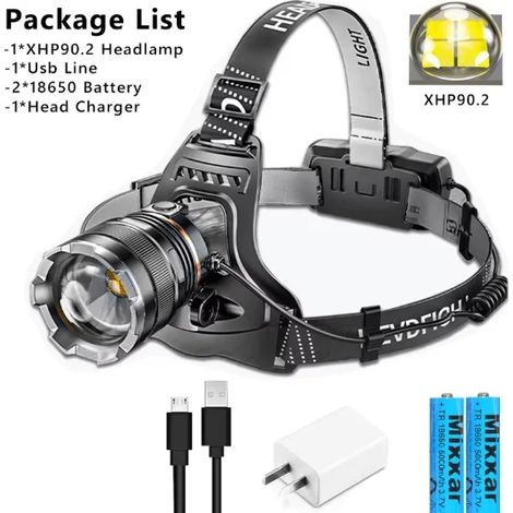 (C-XHP90.2-FR) Lampe frontale améliorée 30 000 lm avec capteur, lampe de pêche XHP90, lampe torche rechargeable USB avec batterie 18650. (1/5)