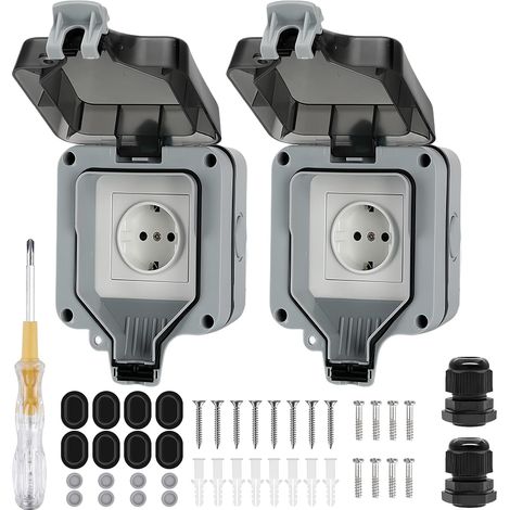 Prise Exterieure Etanche, 2 Pcs Prise Etanche Exterieur, IP66 Prise Etanche avec Couvercle Articulé et Témoin Lumineux, 16 A, pour Garage, Salle de Bain, Cuisine, Piscine et Jardin (1/5)