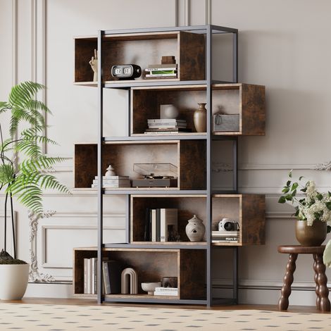 Libreria 121x35x176 cm con ripiani, 5 strati, venature del legno, MDF e metallo, marrone e nero (1/5)