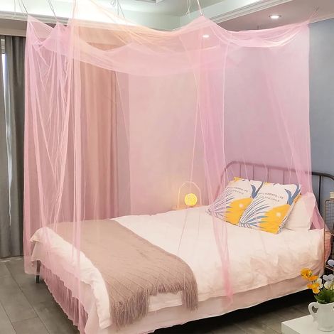 Moustiquaire pour lit double ou simple, 210 x 190 x 240 cm, rectangulaire universelle, à mailles fines, avec 4 crochets de suspension, rose (1/5)