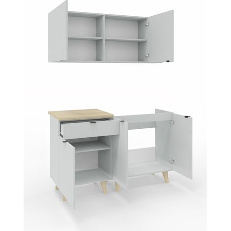 Tendencio – Cuisine complète Lykka – Ensemble meuble nordique 140x46x89 cm – Finition laquée brillante – 2 meubles bas et 1 meuble haut