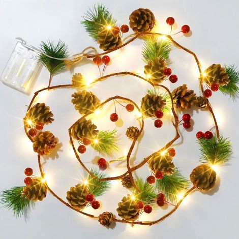 Guirlande Lumineuse De Noël - 20 LED - 2 M - Cône De Pin Et Baies Rouges - Fonctionne Sur Piles - Pour Intérieur Et Extérieur (1/5)