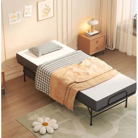 Letto pieghevole in metallo nero 80x190 cm con materasso memory 9,5 cm, letto ospiti su ruote con rete a doghe