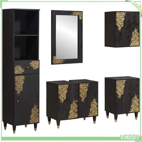 Ensemble de meubles de salle de bain - Design doré imprimé - Bois de manguier massif - Noir - 5 pièces (miroir et tiroir) (1/5)