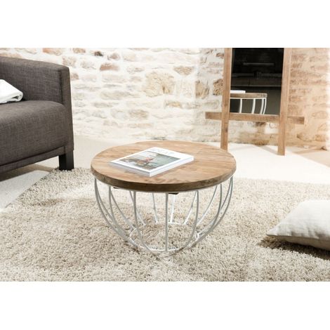SIXTINE - Table basse plateau 60x60cm bois teck recyclé métal blanc (1/3)