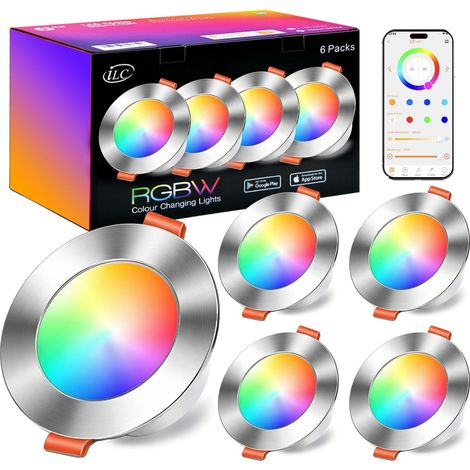 Spot LED Encastrable 8W (équivalent 60W) Découpe 68-85mm, 16 millions de couleurs avec commande par application, 800lm, 2700K-6000K+RGB, Bluetooth IP44 Nickel Rond pour chambre et salon (lot de 4) (1/5)