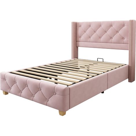 Cama capitoné 90 x 200 cm de terciopelo rosa con somier de láminas y cabecero (1/5)