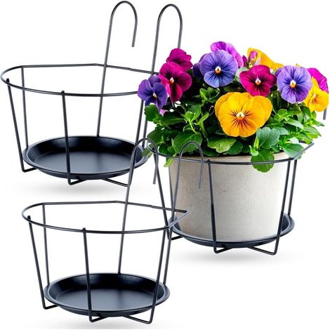 Juego de soportes para macetas de balcón de metal, soporte para plantas, barandilla, soporte para macetas, soporte negro para balcón, establo para terraza (1/5)