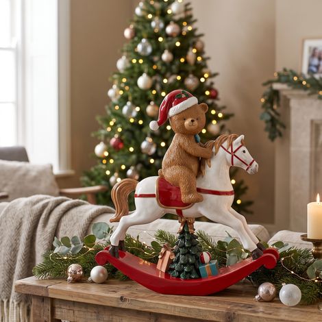 Cavallino a dondolo con orso in resina decorazione natalizia da h 30 cm (1/3)